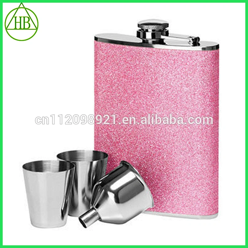 eco-friendly brown PU leather whisky stainless steel hip flask sets