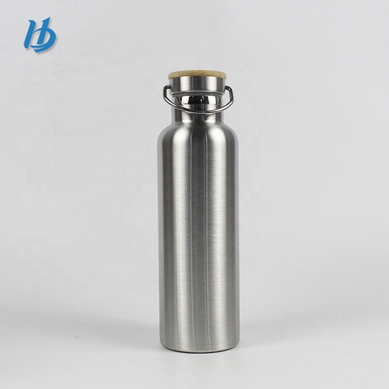 Sport water bottle,stainless steel double walled water bottle silver color with bamboo lid