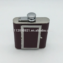 yongkang FDA and LFGB certificated leather wrapped hip flask with cigarette box for whiskey with copper mug