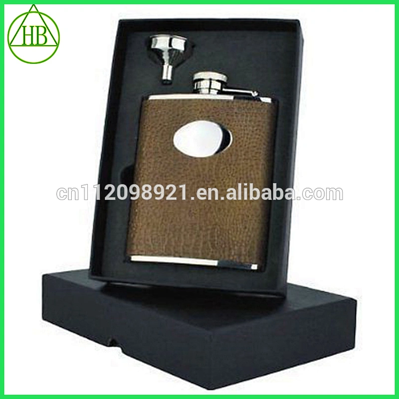 eco-friendly brown PU leather whisky stainless steel hip flask sets