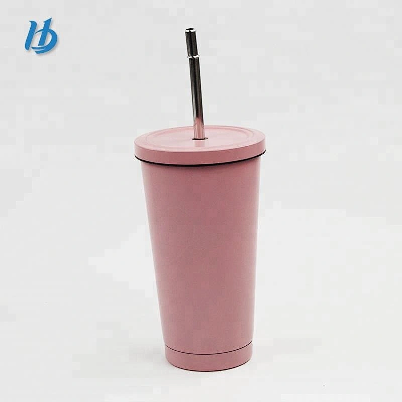Metal coffee cup double wall vacuum insulated straw cup 500ml juice cup with straw