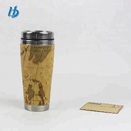 FDA double wall stainless steel straw cup, leather world map wrapped insulated auto mug with plastic lid