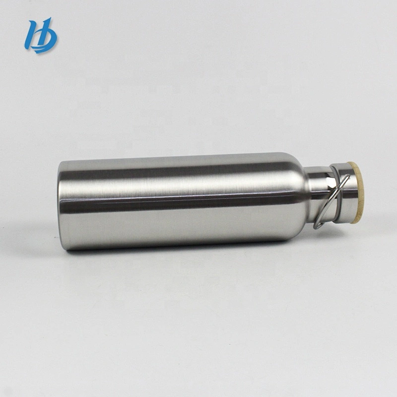 Sport water bottle,stainless steel double walled water bottle silver color with bamboo lid