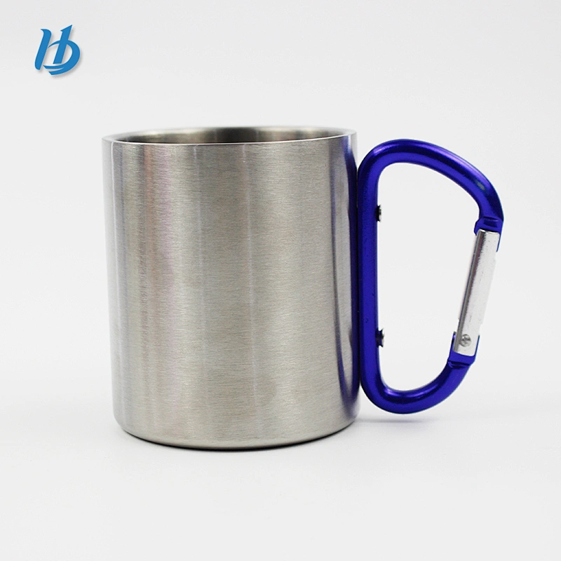 220ml 8oz BPA free double wall 18/8 stainless steel tea cups with mirror face body and carabiner handle