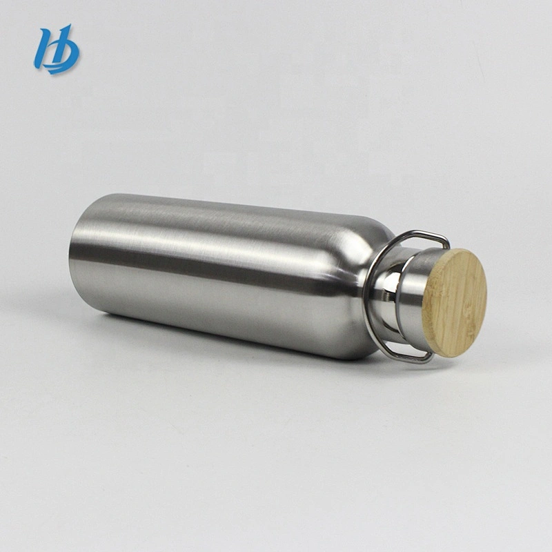 Sport water bottle,stainless steel double walled water bottle silver color with bamboo lid