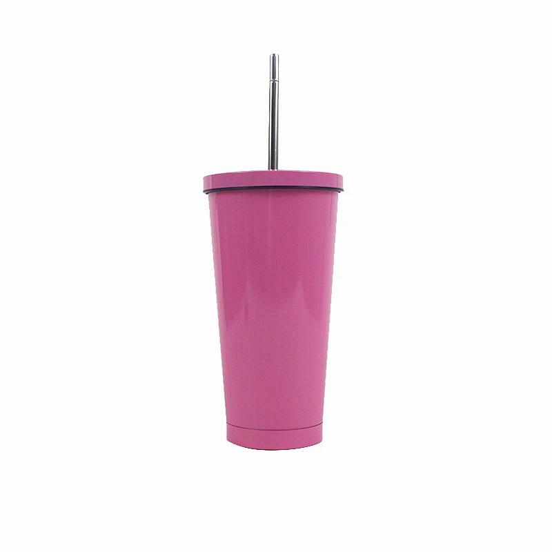 Metal coffee cup double wall vacuum insulated straw cup 500ml juice cup with straw