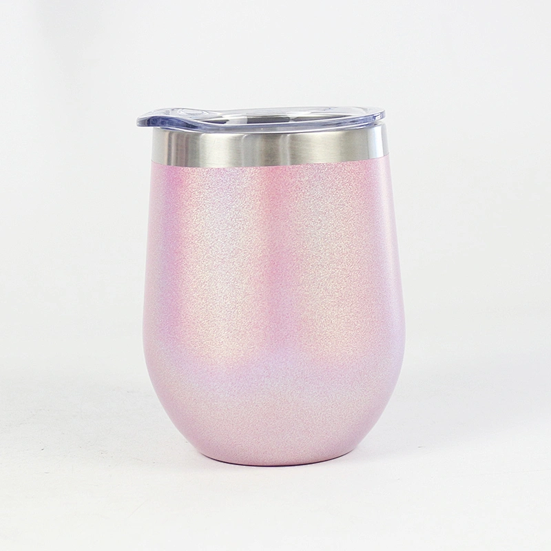 Hibour food grade bpa free 304 stainless steel 12oz Stainless steel stemless vacuum insulated wine glass with rainbow painting