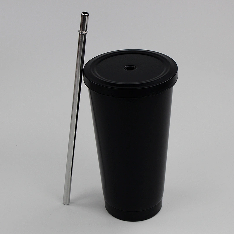 Promotional double wall vacuum stainless steel coffee cups with metal straw