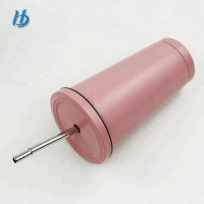 Metal coffee cup double wall vacuum insulated straw cup 500ml juice cup with straw