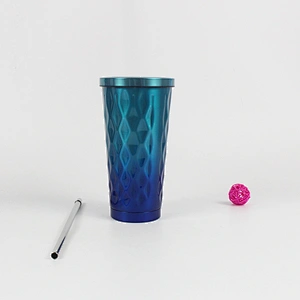 Double Wall S/S Coffee Milk Mug Juice Glass with Stainless Steel Straw