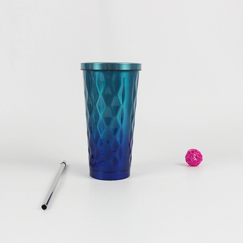Double Wall S/S Coffee Milk Mug Juice Glass with Stainless Steel Straw