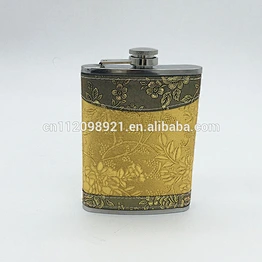 2019 Newest style 8oz high grade stainless steel hip flask with unique gold leather wrapped for men