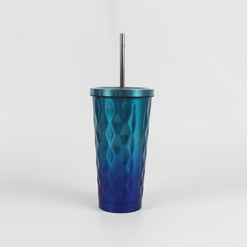 Double Wall S/S Coffee Milk Mug Juice Glass with Stainless Steel Straw