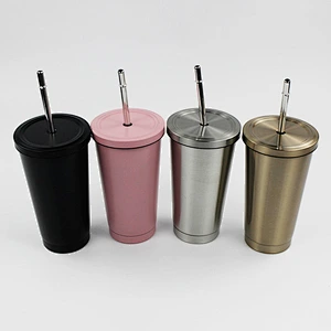 16oz Vacuum Double Wall Stainless Steel Insulated Coffee Mug with Metal Straw