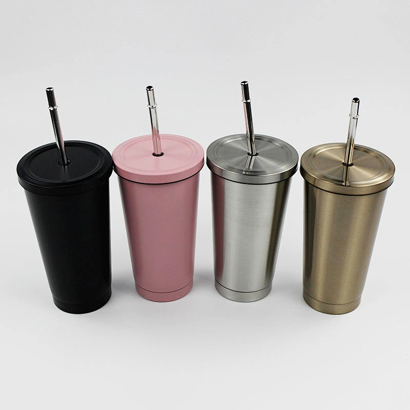 16oz Vacuum Double Wall Stainless Steel Insulated Coffee Mug with Metal Straw