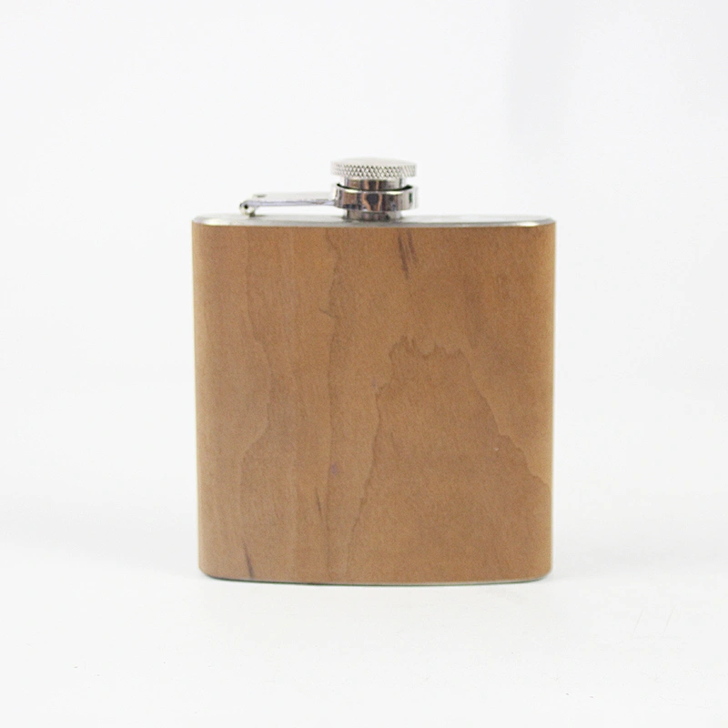 real wood veneer or print wrap PU wooden leather 6oz Stainless steel hip flasks with print logo by laser