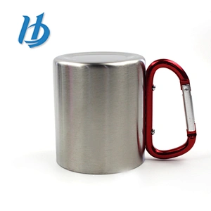 Promotional double walled stainless steel coffee mug with carabiner handle and lid for camping