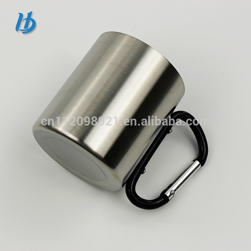 220ml 8oz BPA free double wall 18/8 stainless steel tea cups with mirror face body and carabiner handle