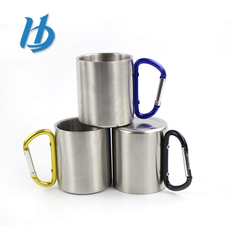 Promotional double walled stainless steel coffee mug with carabiner handle and lid for camping