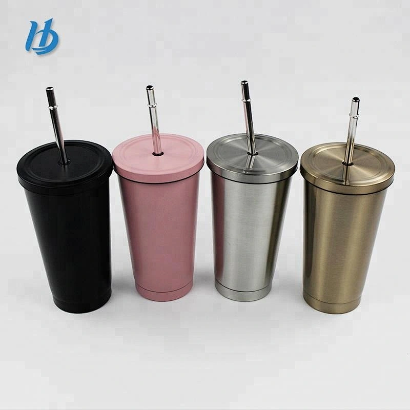 Metal coffee cup double wall vacuum insulated straw cup 500ml juice cup with straw