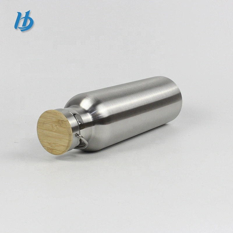 Sport water bottle,stainless steel double walled water bottle silver color with bamboo lid