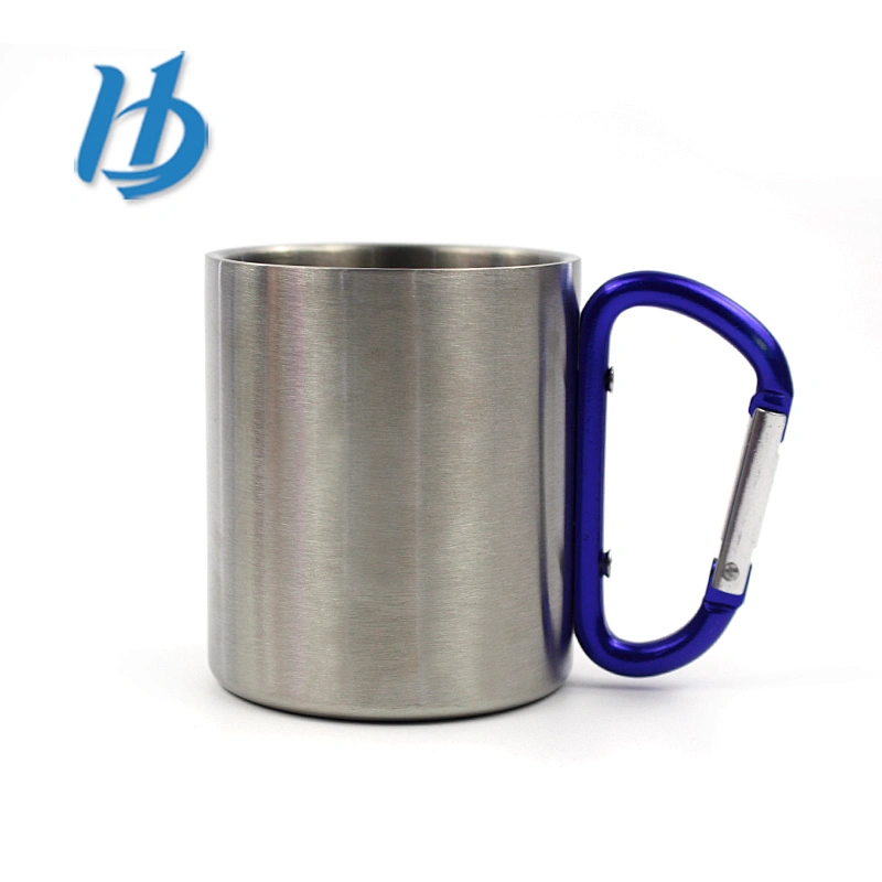 Promotional double walled stainless steel coffee mug with carabiner handle and lid for camping