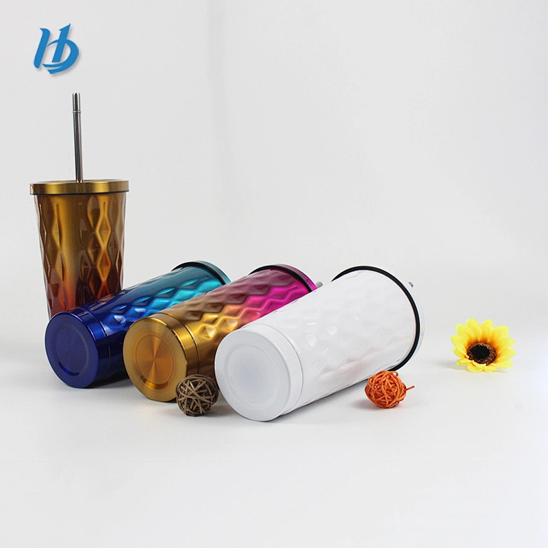 2019 new design hammered coffee mug,double wall straw mug with lid wholesale
