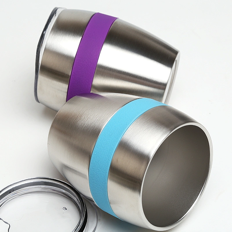 10oz stainless steel double wall vacuum thermos wine tumbler with silicone ring