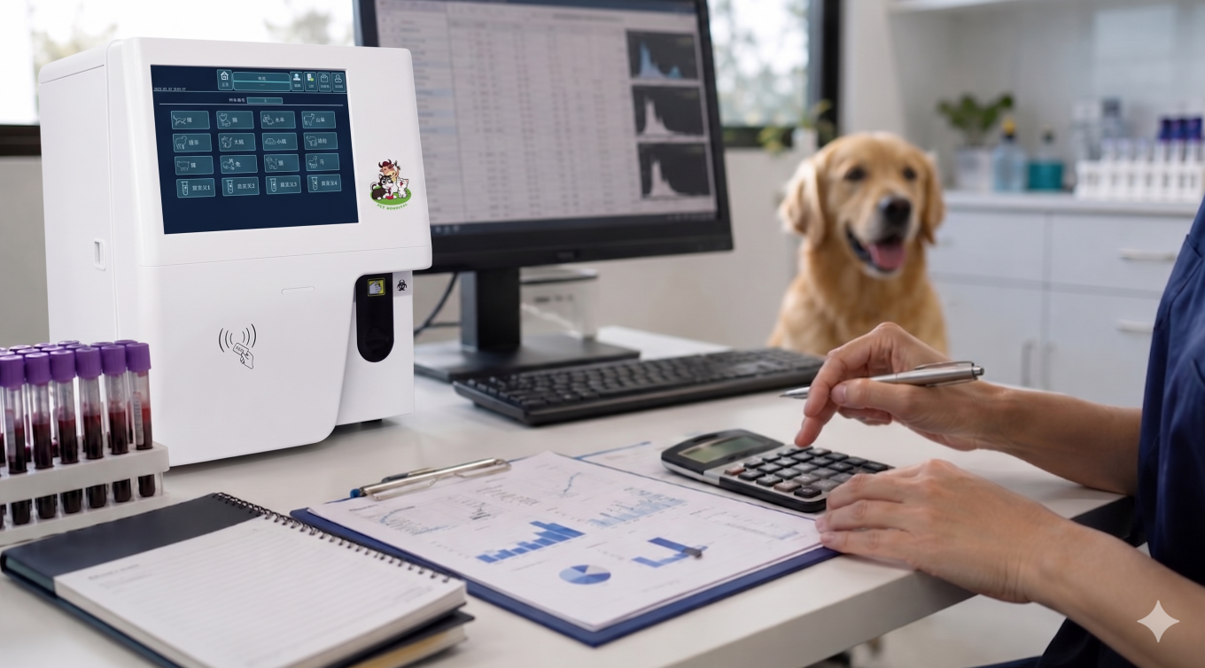 Veterinary laboratory professional calculating cost per test and ROI for hematology analyzers beside blood samples and a dog.