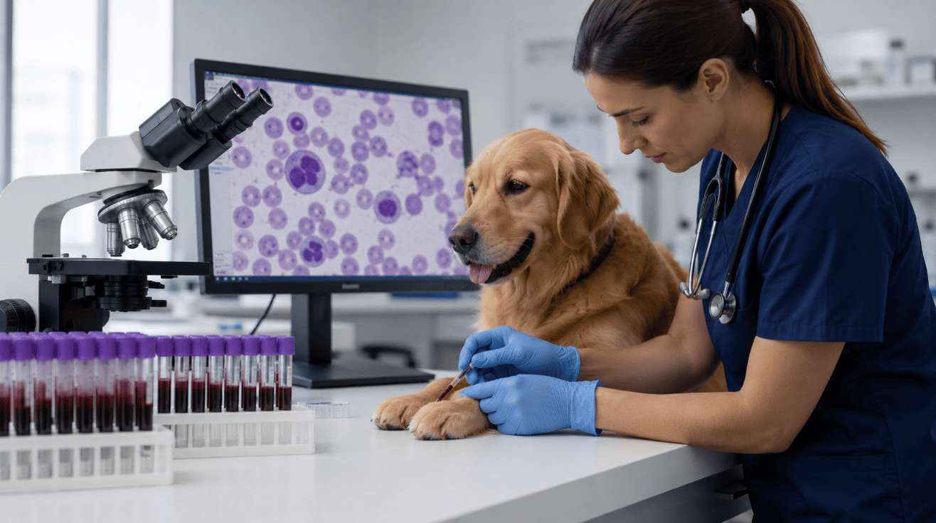 Veterinarian collecting a canine blood sample for species-specific testing in a laboratory with digital hematology analysis.