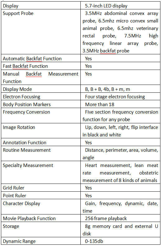Specifications of Vet Ultrasonic Diagnostic Instrument