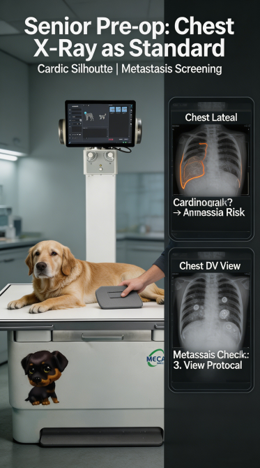 Pre-anesthesia chest x-ray for senior dogs over 7 years old cardiac silhouette evaluation, and cardiomegaly metastasis screening for safe surgery.