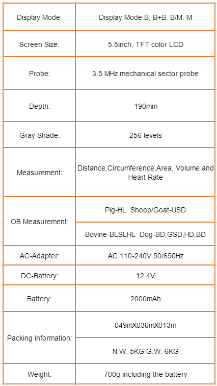 Portable Veterinary Ultrasound for Dogs and Puppies Technical Parameters