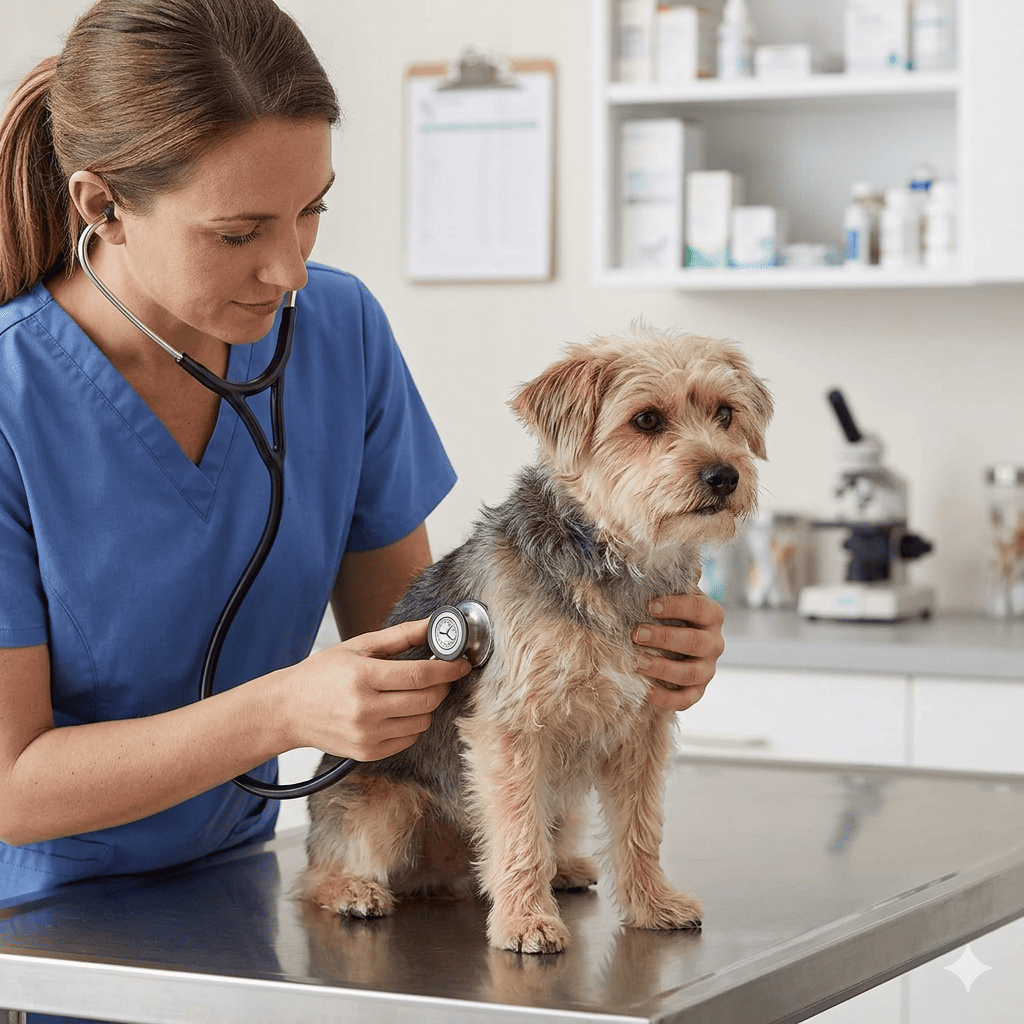 AI-generated image of a female veterinarian using a professional stethoscope to examine a small dog in a medical clinic.