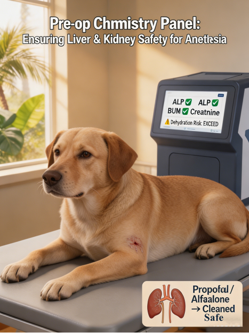 Pre-anesthesia blood test chemistry panel for dogs, monitoring ALT, ALP, BUN, creatinine for safe propofol alfaxalone metabolism.