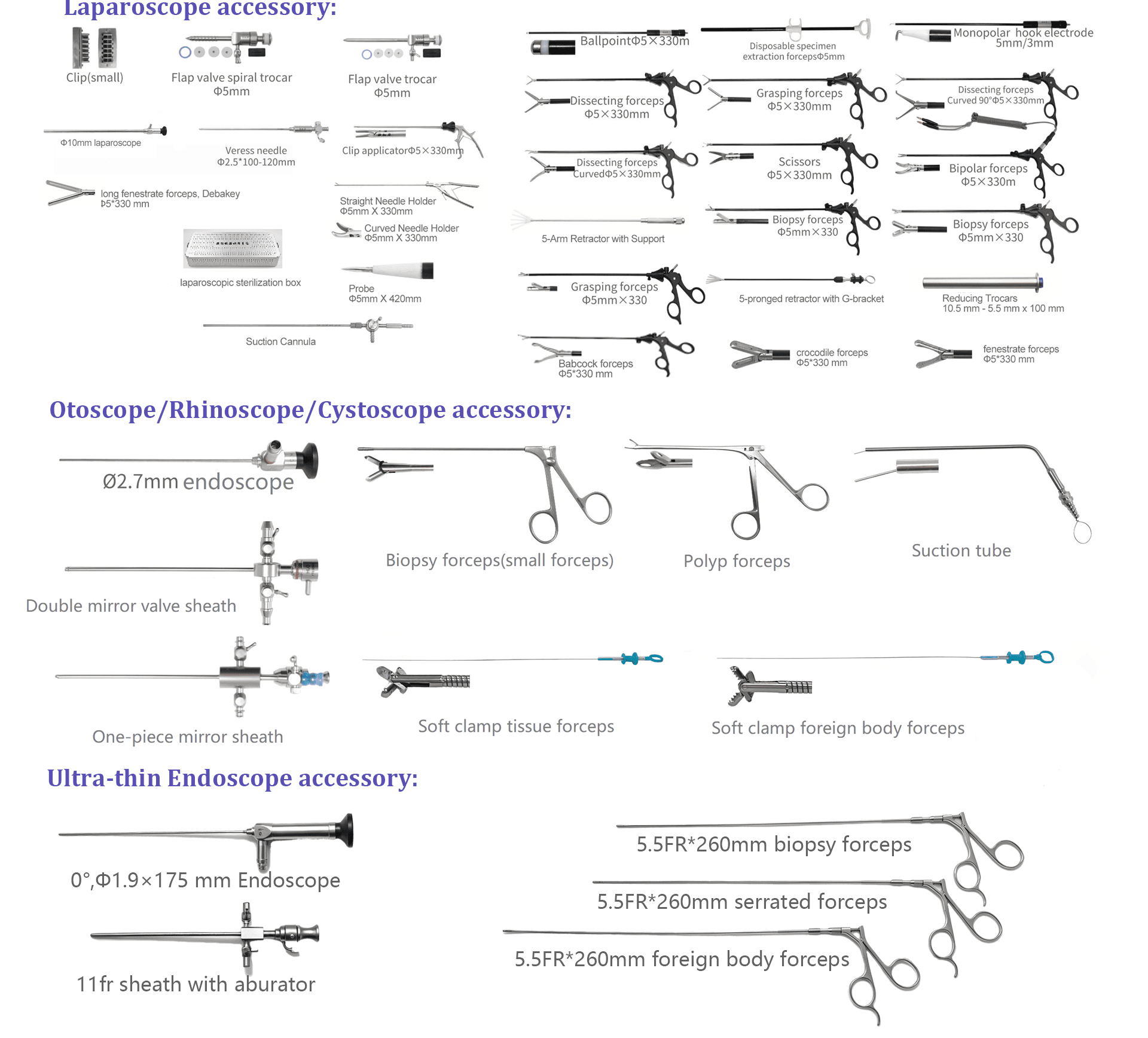Compatible veterinary endoscopes with laparoscopic, otoscopic, rhinoscopic, cystoscopic and ultra-thin accessories.