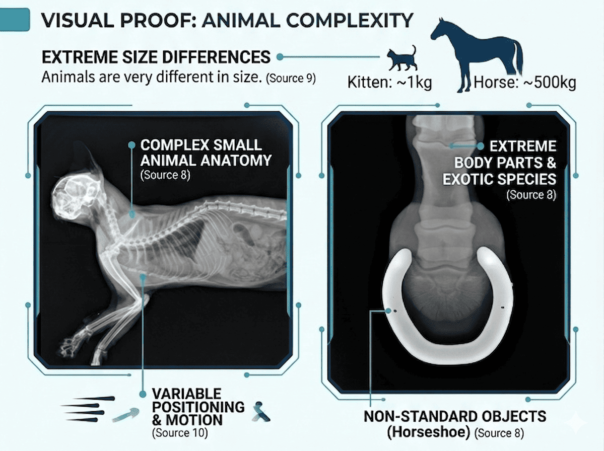 Veterinary DR system showing size differences and complex anatomy between a kitten and horse.