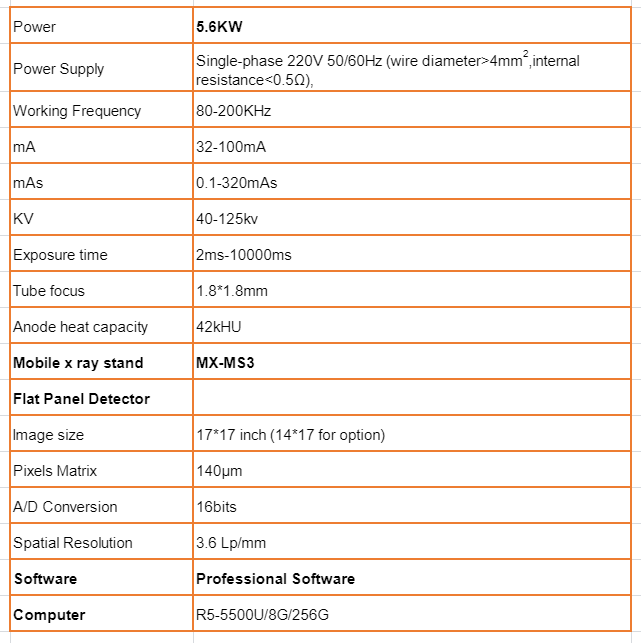 5KW Portable Veterinary X-Ray Machine Technical Parameters: