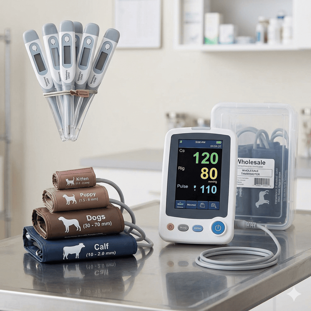AI-generated image of professional veterinary digital thermometers and blood pressure cuffs in various sizes for clinic diagnostic use.