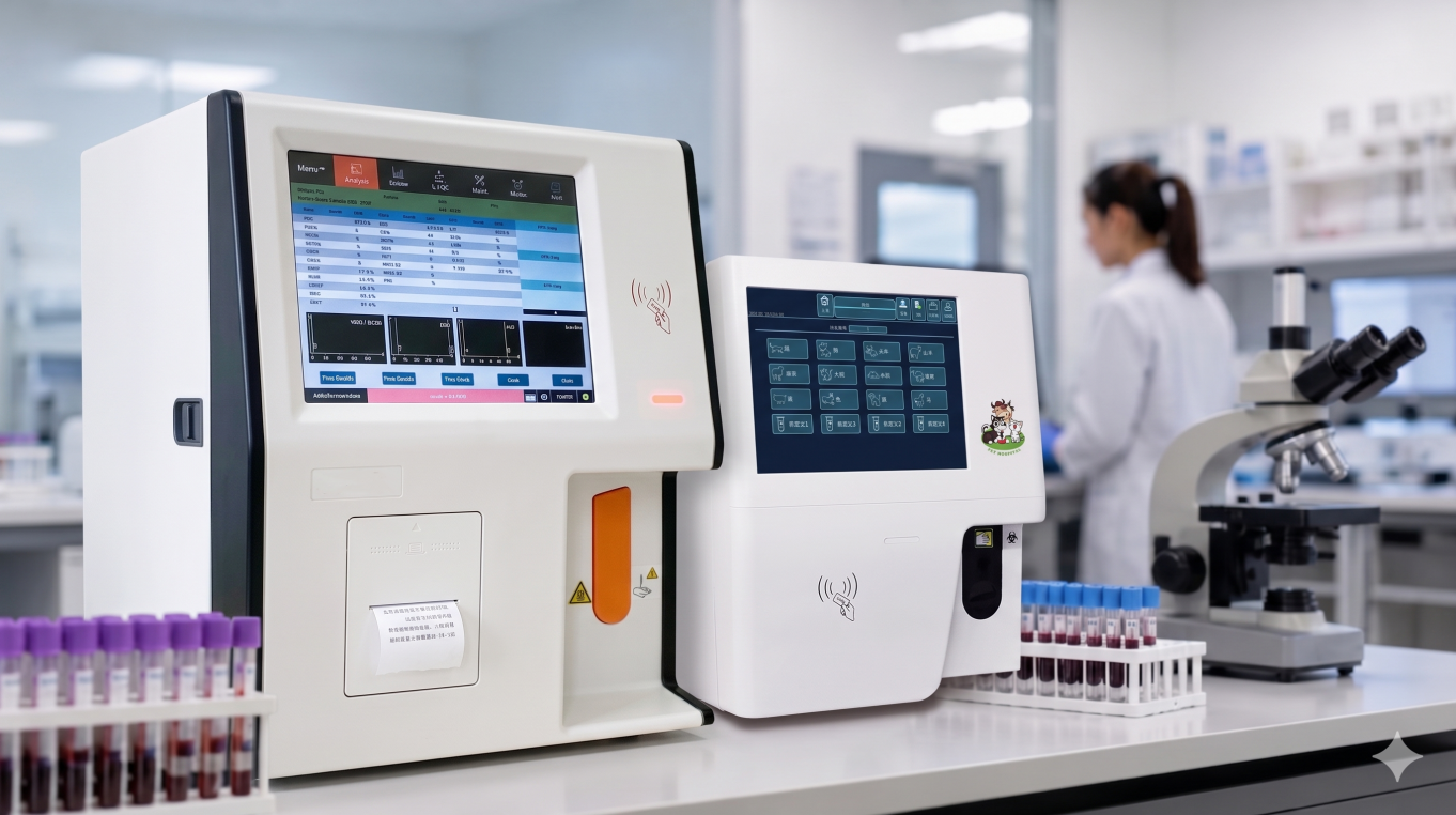 3-part and 5-part veterinary hematology analyzers with species-specific software in a professional animal clinic laboratory.