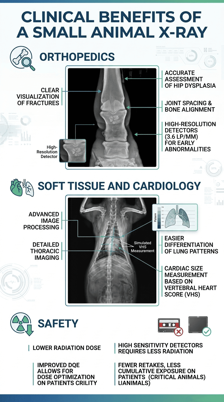 Infographic showing veterinary DR benefits for orthopedics, cardiology, and radiation safety.