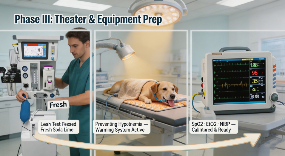 Pre-operation theater and equipment preparation for dogs.