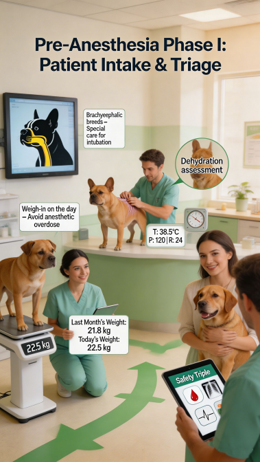 Pre-anesthesia patient intake and triage for dogs.