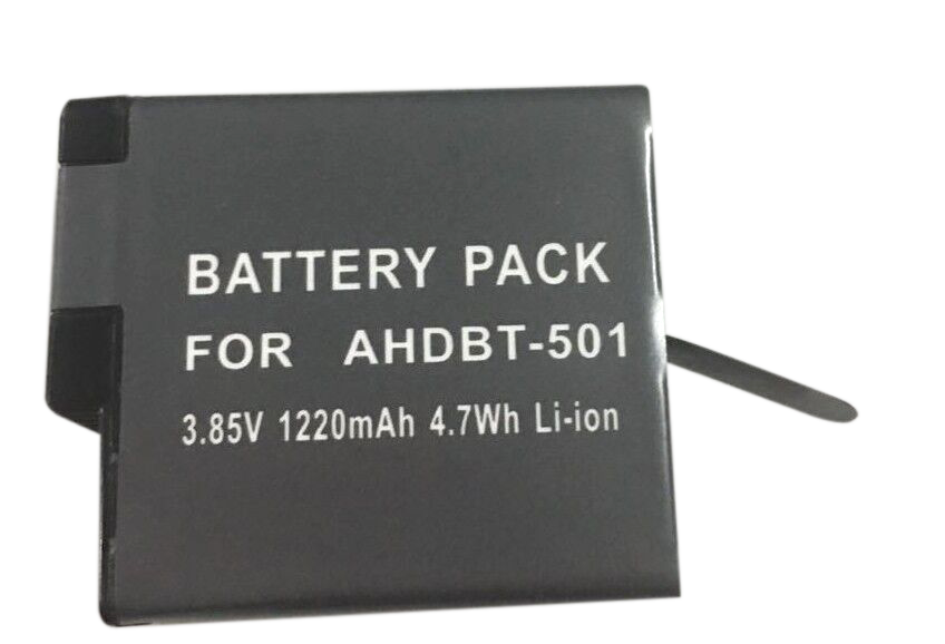 Ersatzbatterie für Gopro Hero 5  Artikel-Nr.: AHDBT-501  Zelltyp: Li-Ion  Spannung: 3,85V  Kapazität: 900 mAh / 1220 mAh / 1250 mAh