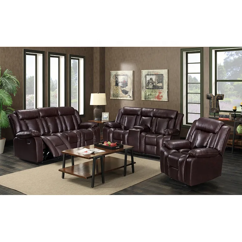High quality brown PU leather modern reasonable and healthy design multifunctional living room 3+2+1 recliner sofa set