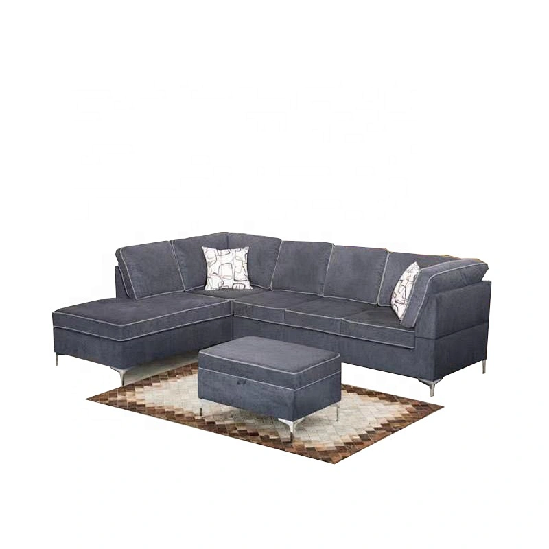 Blue high quality cloth healthy sponge cushion living room furniture with storage ottoman metal feet sectional sofa