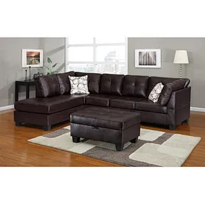High quality chocolate color leather daily furniture with buckle storage ottoman Living Room corner sofa