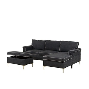 Modern anti-color check line design soft health sponge cushion large double seat + chaise longue storage sofa