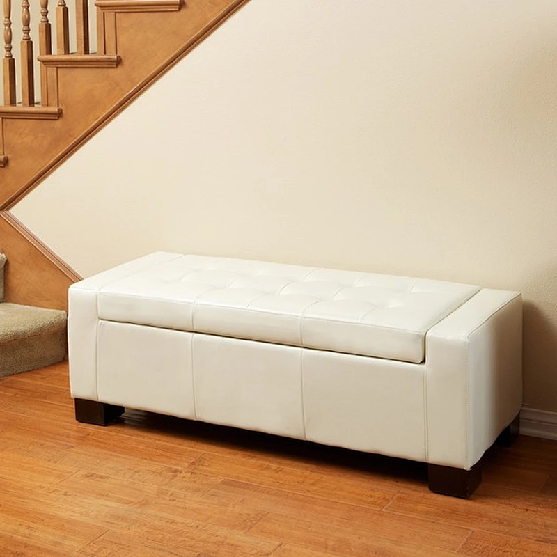 White leather high quality living room home furniture with beautiful pull buckle design wooden large storage ottoman