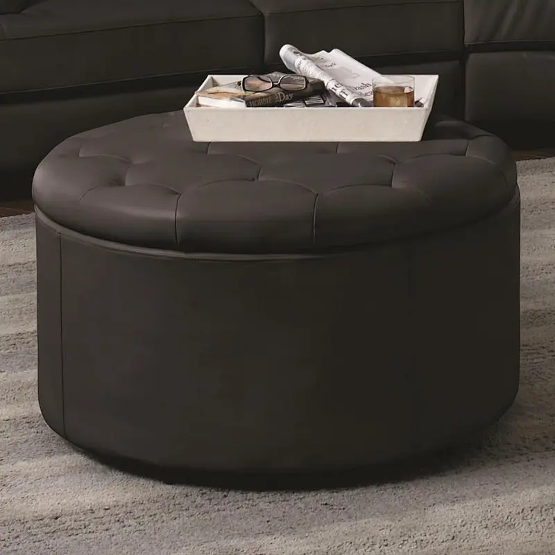Modern black high quality leather round with beautiful buckle design living room storage Ottoman